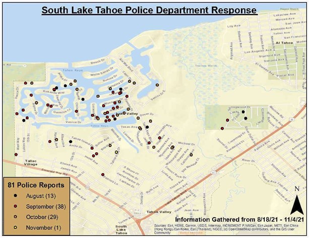 Map of the Tahoe Keys displaying South Lake Tahoe Police Department bear-related responses.