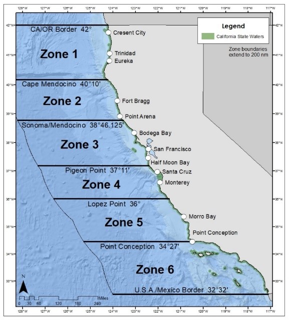 Map of California's marine fishing zones.