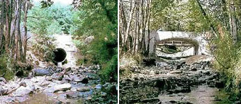 one image showing bridge with pipe for water to pass; another image showing bridge with clear stream passage below