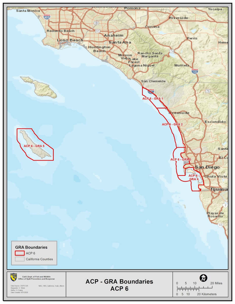 Map of California depicting the Area Contingency Plans’ and Geographic Response Plans’ boundaries for ACP 6 - click for larger map, link opens in new window