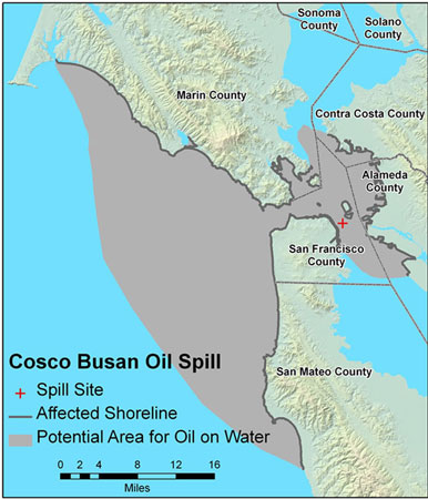 map showing spill location far inside and outside SF Bay