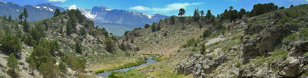 panoramic view of Hot Creek and surrounding mountains