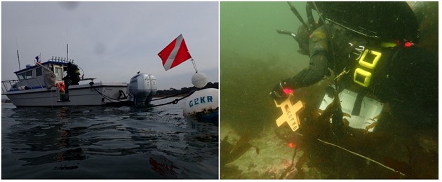 Left: image of boat tied to a buoy with a red and white SCUBA dive flag. Right: a scuba diver holds a transect tape