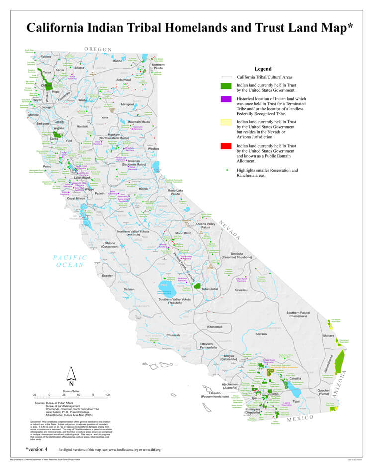 Map of California Indian tribal homelands and trust land.