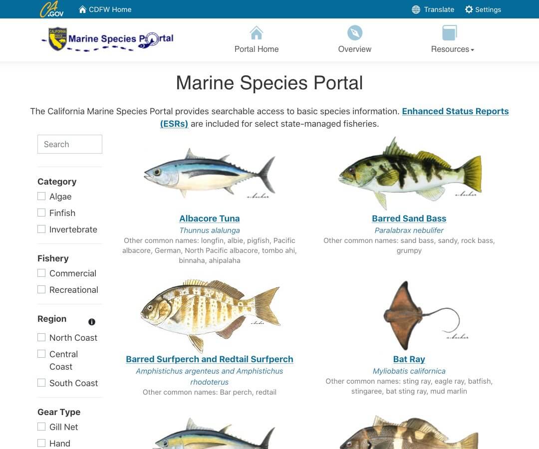 Screenshot of the Marine Species Portal