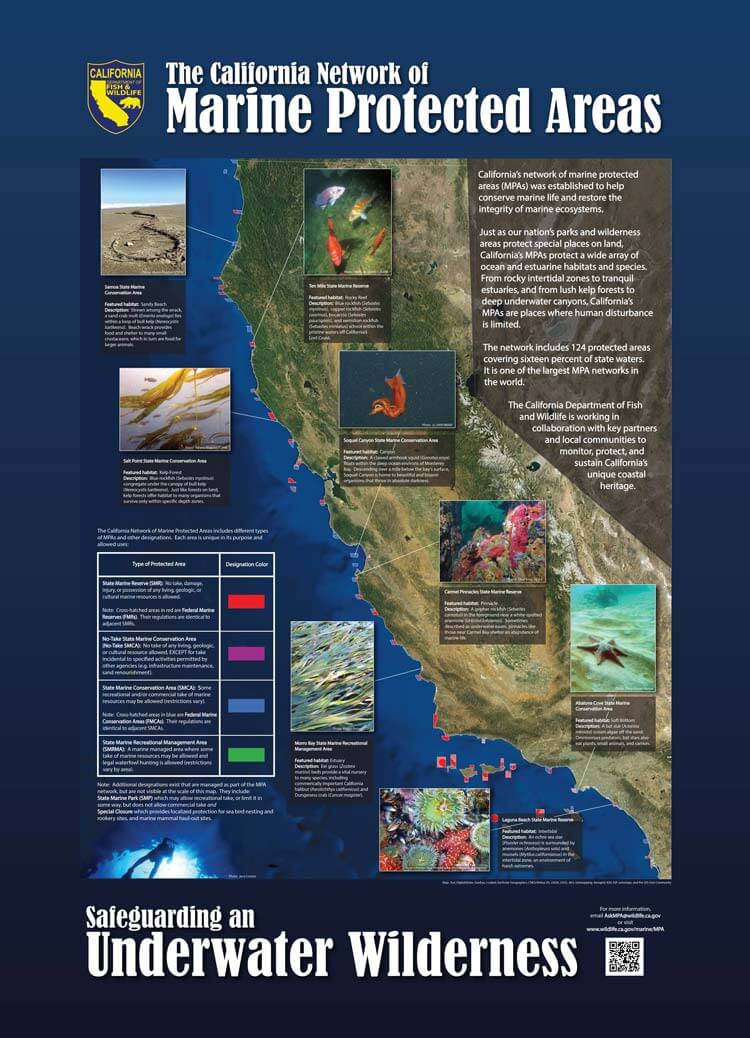 Poster with satellite imagery, map of California MPA locations, and photographs and descriptions of marine habitat protected within MPAs.