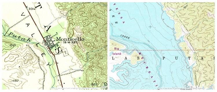 Map of Monticello before and after Lake Berryessa was formed.