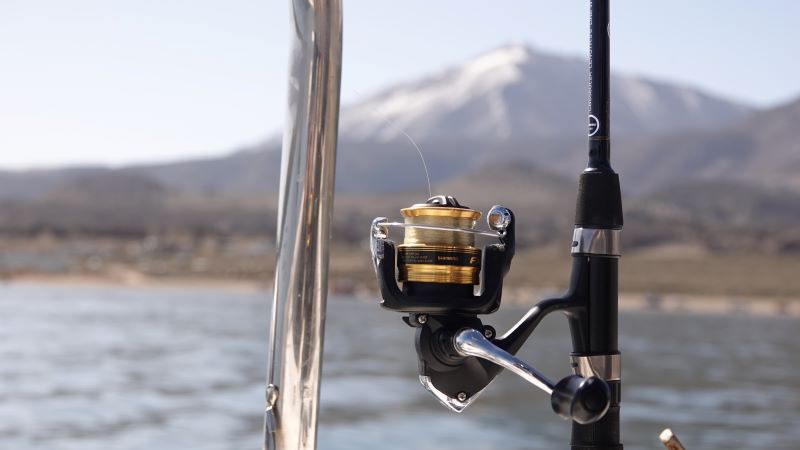 Fishing pole in the foreground and mountain peaks in the background.