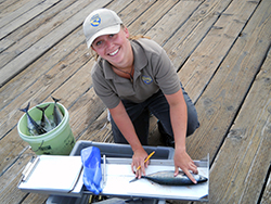 A young woman measures a fish on a pier.
