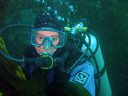 SCUBA diver in giant kelp forest