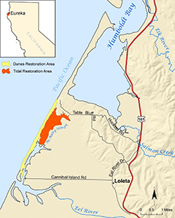 Map with orange and yellow areas to be restored, between Humboldt Bay and the Eel River