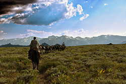 A pack train of seven loaded mules and three riders on horseback traverse a high mountain plain under a partly cloudy sky