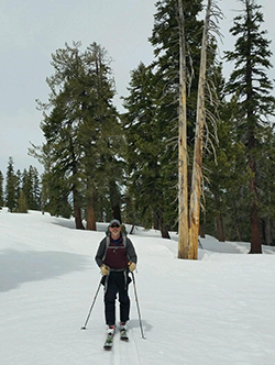 Man wearing ski gear, skis, and poles on snow with trees in background.