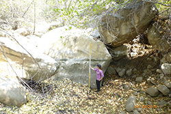Woman wearing purple plaid shirt and black pants holding large yellow and white rod against large boulder. Background is filled with large boulders and vegetation.