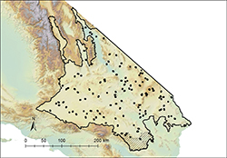 Partial map of the State of California with area marked in black outline and covered in small black dots.