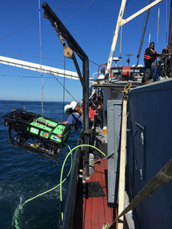 Side of boat with two men wearing white hard hats leaning over the railing reaching for large black and green machine held up by a crane.