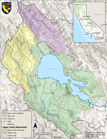 Map of selected tributary streams surrounding Clear Lake where instream flow studies will be completed. Green, pink, and yellow colors denote watersheds within the Upper Cache subbasin. Click image of map to enlarge.