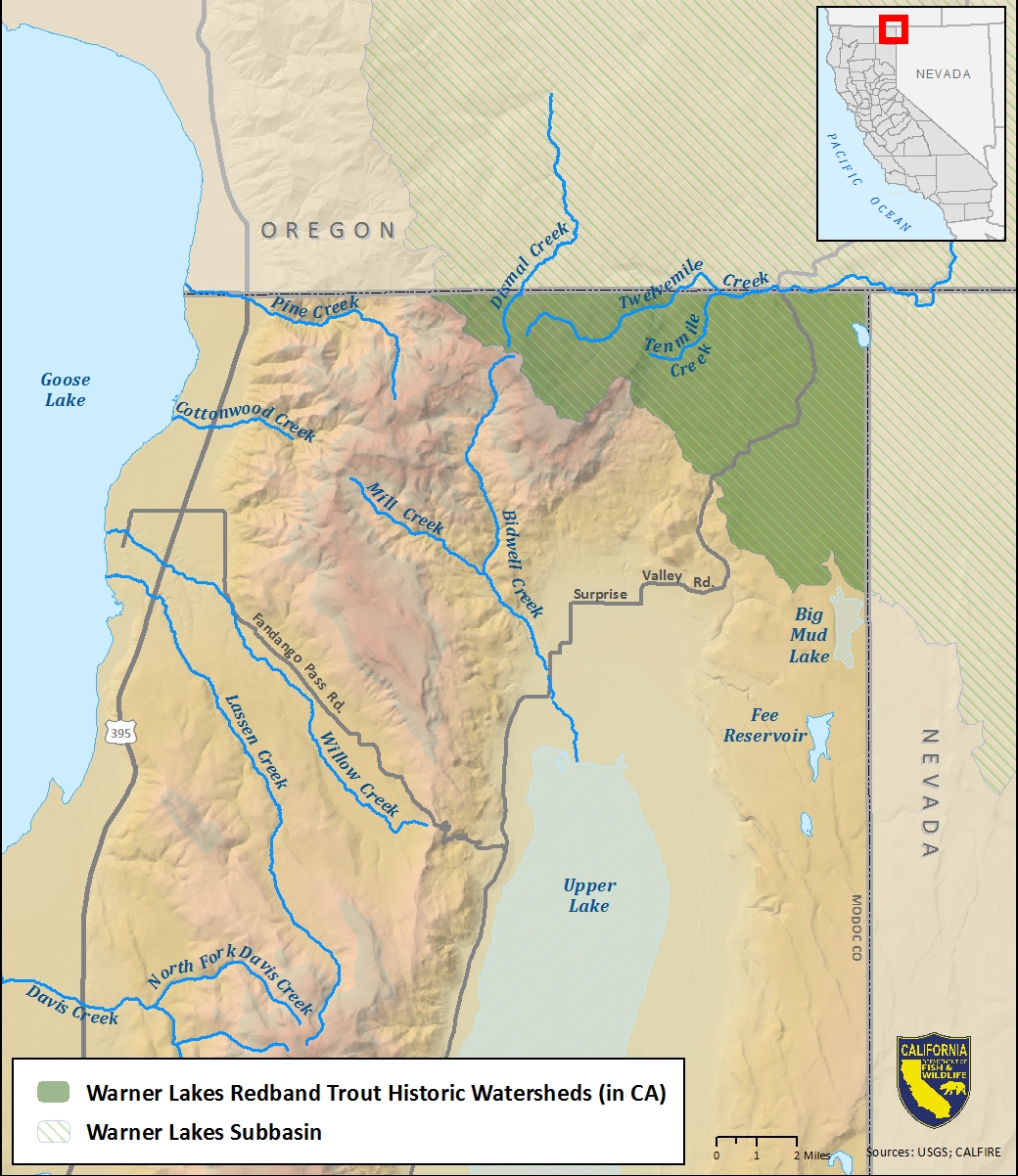 Map of Warner Lakes redband trout historic watershed-link opens in new window
