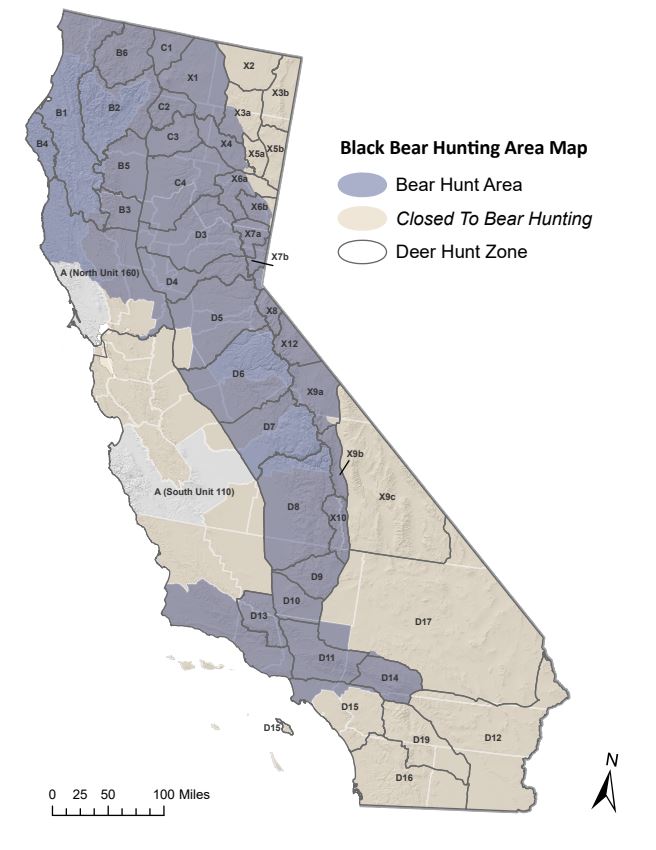 map of California showing bear hunting areas, mainly mountainous areas
