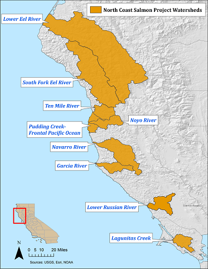Map of California's North Coast with the initial watersheds highlighted in orange- link opens enlarged version in new window.