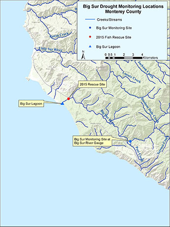 Map of drought monitoring locations on the Big Sur River – Click to enlarge image in new window.