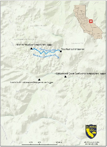 Map depicting locations of temperature loggers and the survey reach in North Fork Cottonwood Creek.