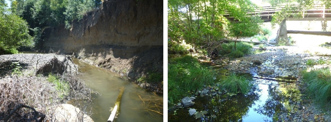 Figure 3. Two photographs of the study reaches on Mark West Creek. The left picture depicts a pool on the lower reach during low flows, which has steep, highly eroded banks. The right photograph depicts a riffle on the upper reach during low flows. This reach has gradually sloping banks.