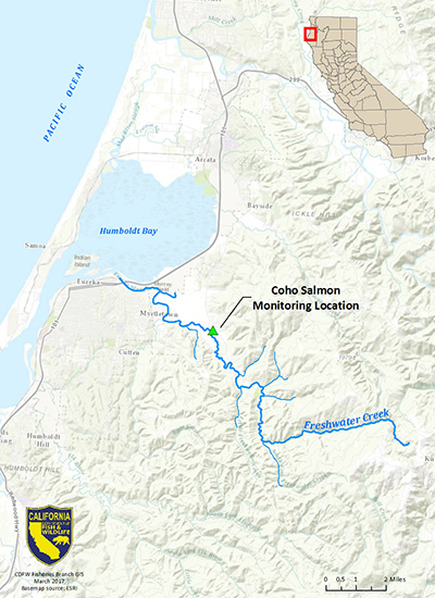 Map showing location of Coho Salmon monitoring station on Freshwater Creek, Humboldt County, CA - link opens in new window