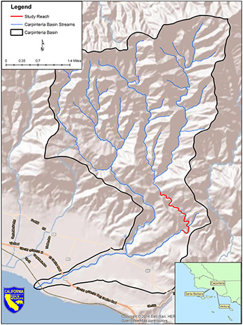 Map of Gobernador Creek, with the Carpenteria Creek watershed.  Study area is highlighted in red.