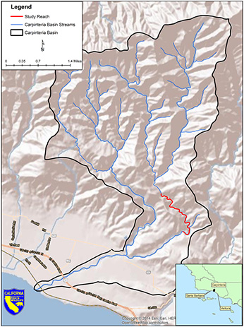 Map of Gobernador Creek, with the Carpenteria Creek watershed. Study area is highlighted in red.