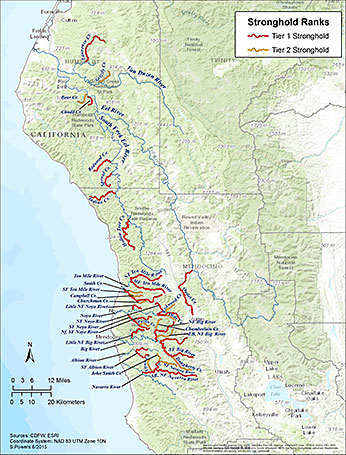 Figure 2. Map of Coho Salmn Stronghod streams monitored in southern Humboldt and Mendocino Counties. Streams are ranked Tier 1 and Tier 2 strongholds. Click to enlarge in new window.