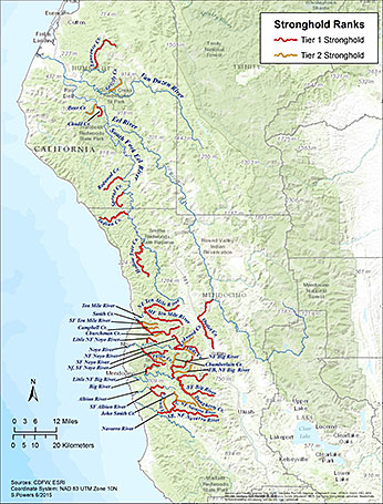Figure 2. Map of stronghold coho salmon streams monitored in southern Humboldt and Mendocino Counties. PSMFC Sharon Powers. Figure 2. Map of stronghold coho salmon streams monitored in southern Humboldt and Mendocino Counties. PSMFC Sharon Powers.