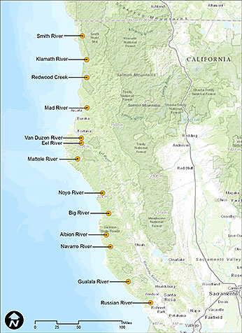 Figure 3. Map depicting locations of water temperature monitoring sites in major river drainages in Northern California. Figure 3. Map depicting locations of water temperature monitoring sites in major river drainages in Northern California.