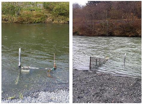 Figure 3. Sonar camera (DIDSON) monitoring setup. Photographs of the sonar camera setup in Redwood Creek, Humboldt County, CA. The camera is housed in an aluminum box near the bank of the river, with a metal fence downstream to prevent fish from passing behind the camera.