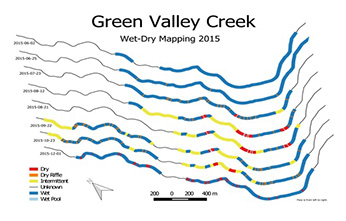 Map of wet-dry reaches on Green Valley Creek - Click to enlarge image in new window
