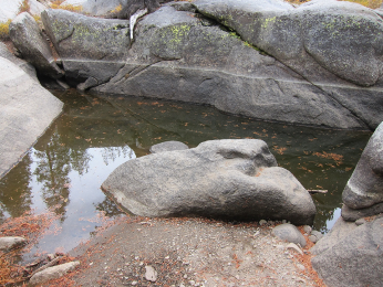 Figure 3b. Same Rattlesnake Ck pool showing exposed gravel that is typically underwater, 2015 Photo: Same Rattlesnake Ck pool showing exposed gravel, 2015