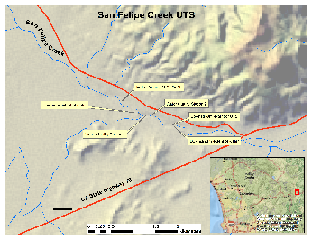 Map depicting of upstream and downstream extent of wetted habitat, unarmored threespine stickleback sightings, water quality monitoring stations, and survey extent at San Felipe Creek, San Diego County.