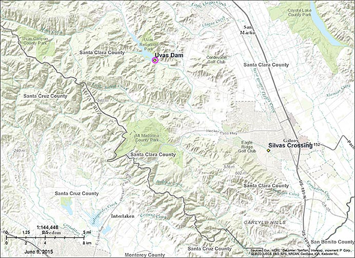 Map of Uvas Creek in Gilroy where monitoring occurred Map of Uvas Creek in Gilroy where monitoring occurred
