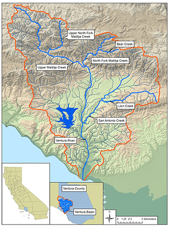 Ventura River basin and monitored tributaries - Click to enlarge image in new window