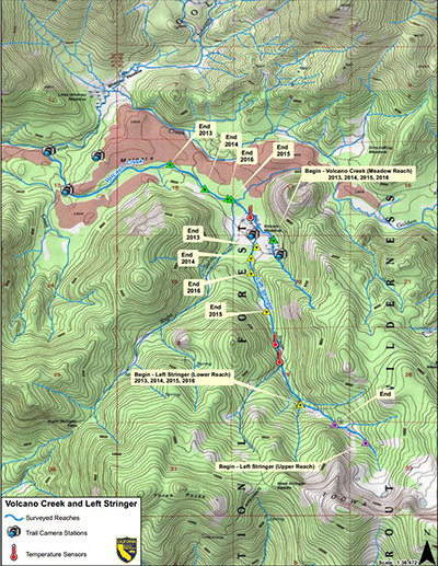 Map depicting observed wetted stream lengths, digital trail cameras and temperature sensor locations in Volcanic Creek and Left Stringer, Tulare County, CA - link opens in new window.