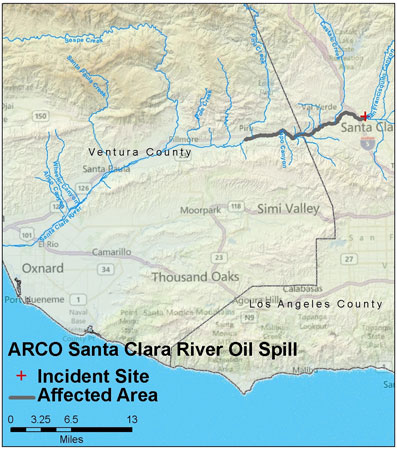map showing gray line along a stretch of the Santa Clara River