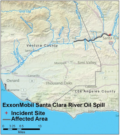 map showing the spill location along the Santa Clara River