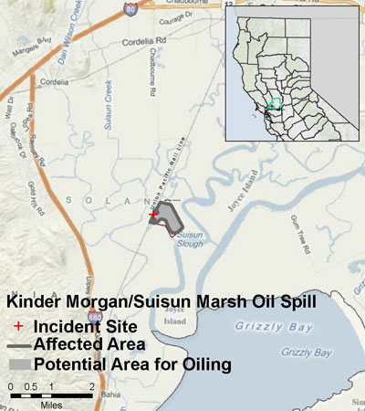 map showing spill location northeast of San Francisco