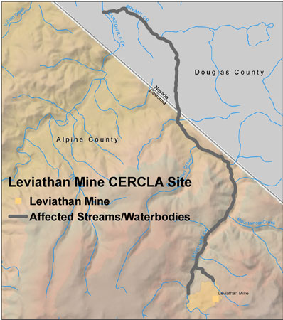 map showing spill location along in the Eastern Sierras