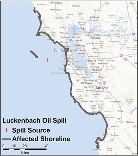 map showing spill location along the SF Bay Area coast