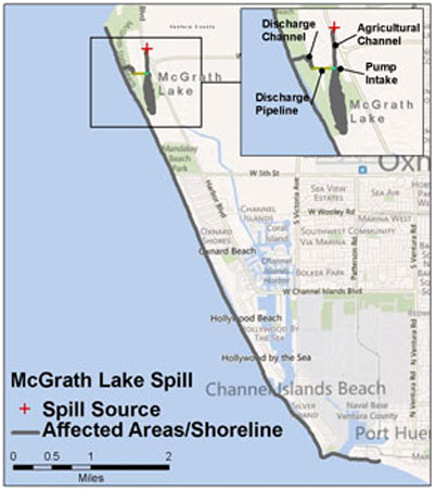 map showing spill location north of Oxnard, California