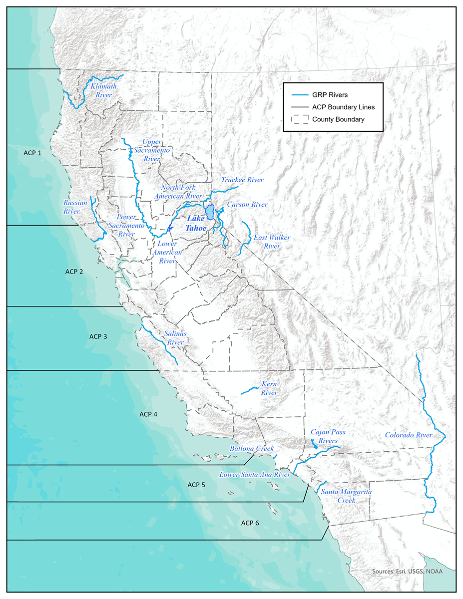 Map of California depicting the Area Contingency Plans’ and Geographic Response Plans’ boundaries - click for larger map