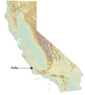 map showing location of Avila, about two-thirds south on the California coast