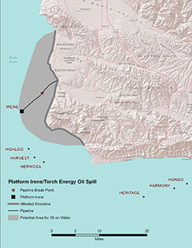 California map showing the locations of Platform Irene spill
