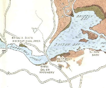 closeup of the Carquinez Strait, with the Shell Oil refinery on its south side, and the impacted area of Suisun Bay to the east